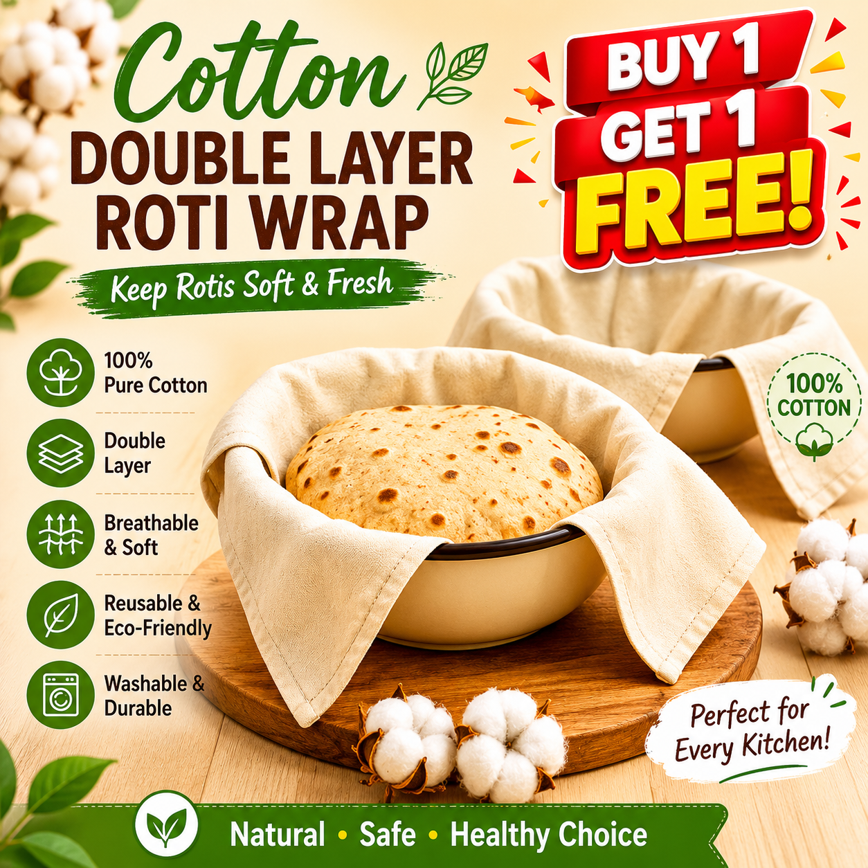 2 Pieces Cotton Double Layer Roti Wrap with Flaps