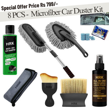 All-in-One Car Cleaning Kit – Pack of 8 | Microfiber Duster, Cloth, Brushes, Polish, Shampoo & Glass Cleaning Tablets