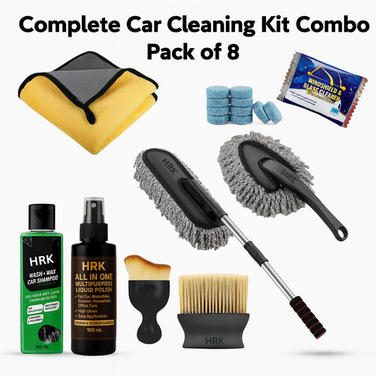 Pack of 8 Microfiber Car Duster & Complete Car Cleaning Kit – Brushes, Cloth, Polish, Shampoo & Glass Cleaning Tablets