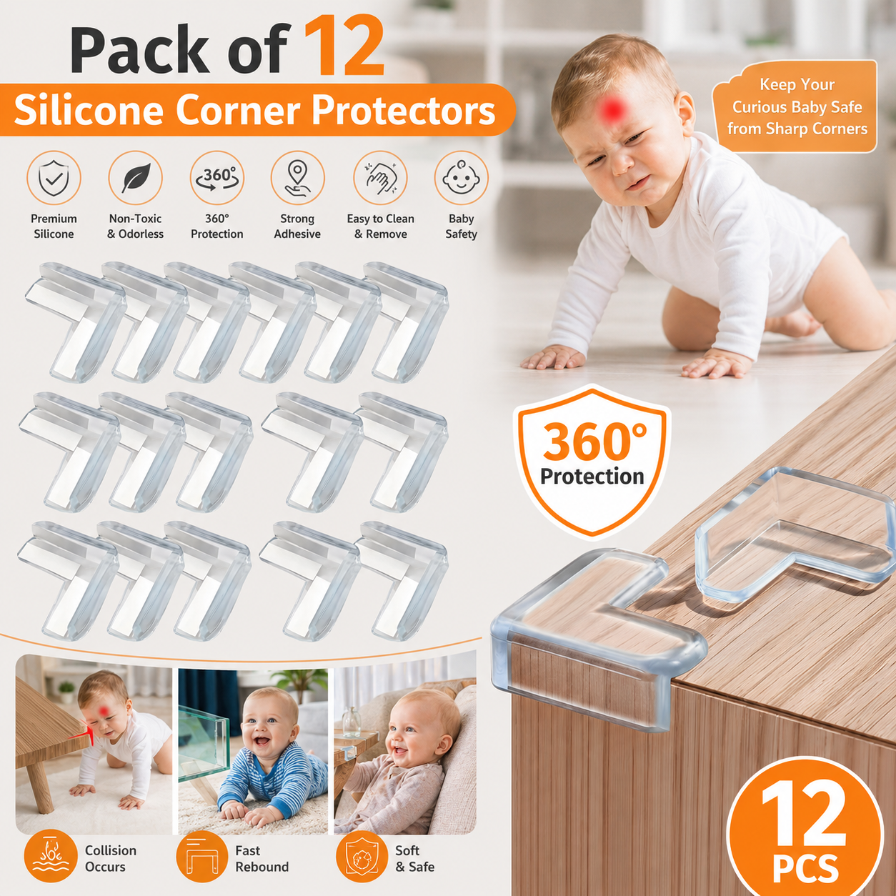 Pack of 12 Silicone Corner Protectors for Baby Proofing